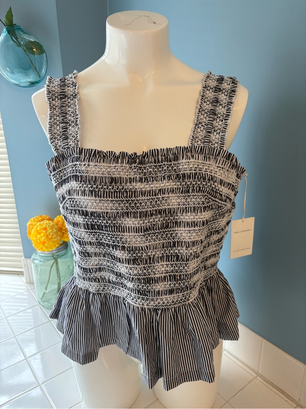 NWT Free Assembly Smocked Cotton Tank Top Peplum Hem - Navy & White - XL